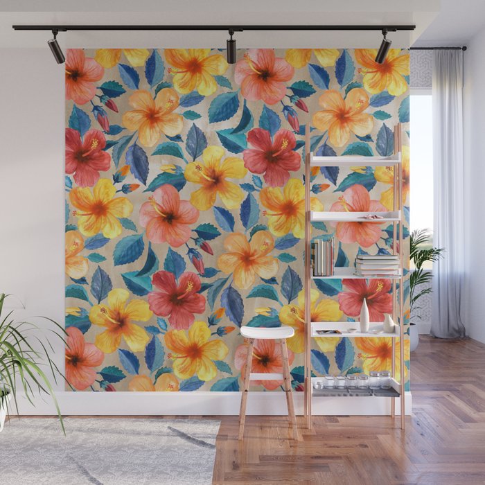 Colorful Watercolor Hibiscus on Warm Beige Wall Mural