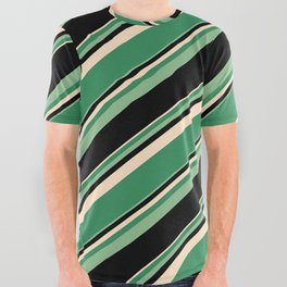 [ Thumbnail: Bisque, Sea Green, Dark Sea Green, and Black Colored Lined Pattern All Over Graphic Tee ]
