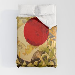 Japanese Ginkgo Hand Fan Vintage Illustration Comforter