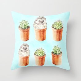 Hedgehog Watercolor Cactus Terra Cotta Pots Throw Pillow