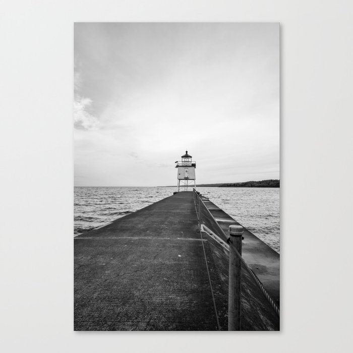 Lake Superior Lighthouse | Black and White Canvas Print