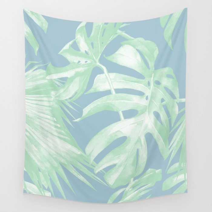 Tropical Leaves Luxe Pastel Sea Turquoise Blue Green Wall Tapestry