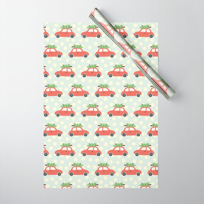 Vintage Christmas trees on car roof blue Wrapping Paper by Sandra Hutter