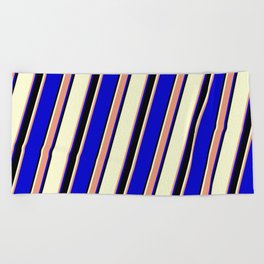 [ Thumbnail: Light Yellow, Dark Salmon, Blue, and Black Colored Striped/Lined Pattern Beach Towel ]