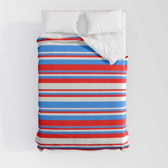 Blue, Red & Mint Cream Colored Stripes Pattern Duvet Cover