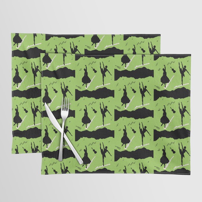 Two ballerina figures in black on green paper Placemat