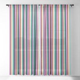 [ Thumbnail: Vibrant Black, Light Sea Green, Beige, Brown, and Orchid Colored Lined/Striped Pattern Sheer Curtain ]