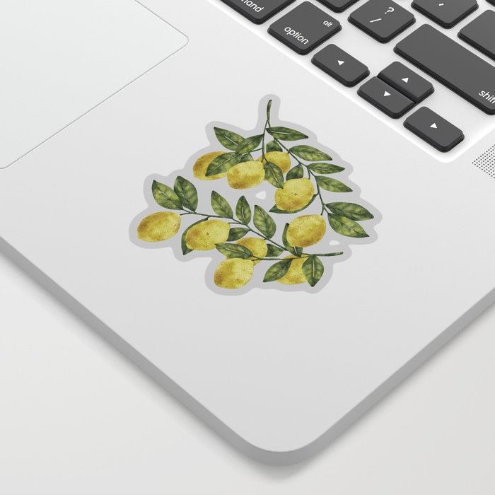 Yellow summer watercolor lemons with green leaves citrus pattern Sticker