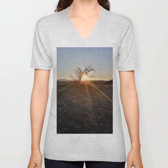 Nature sunset with a singular tree trekking landscape V Neck T Shirt
