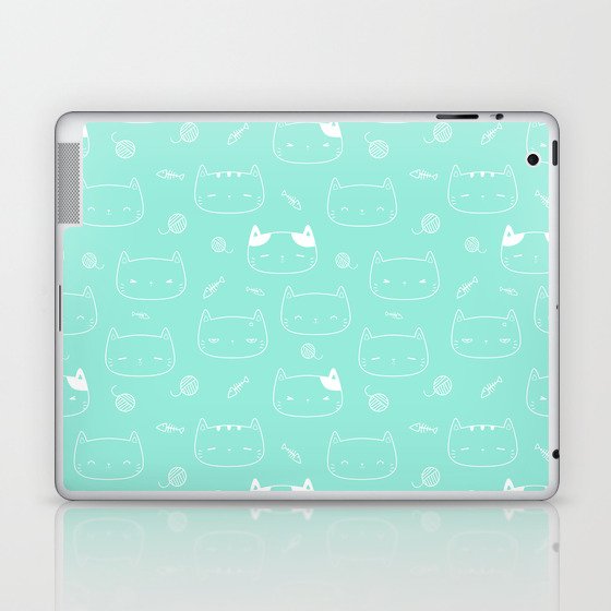 Seafoam and White Doodle Kitten Faces Pattern Laptop & iPad Skin