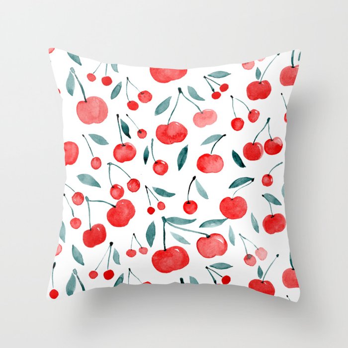 Watercolor cherries - red and teal Throw Pillow