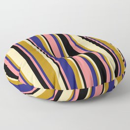[ Thumbnail: Light Coral, Midnight Blue, Dark Goldenrod, Tan & Black Colored Lined Pattern Floor Pillow ]