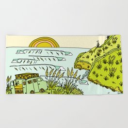 home is where you park it // wandering in new zealand // retro surf art by surfy birdy Beach Towel