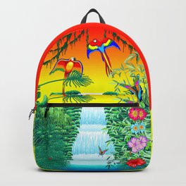 Waterfall Macaws and Butterflies on Exotic Landscape in the Jungle Naif Style Backpack