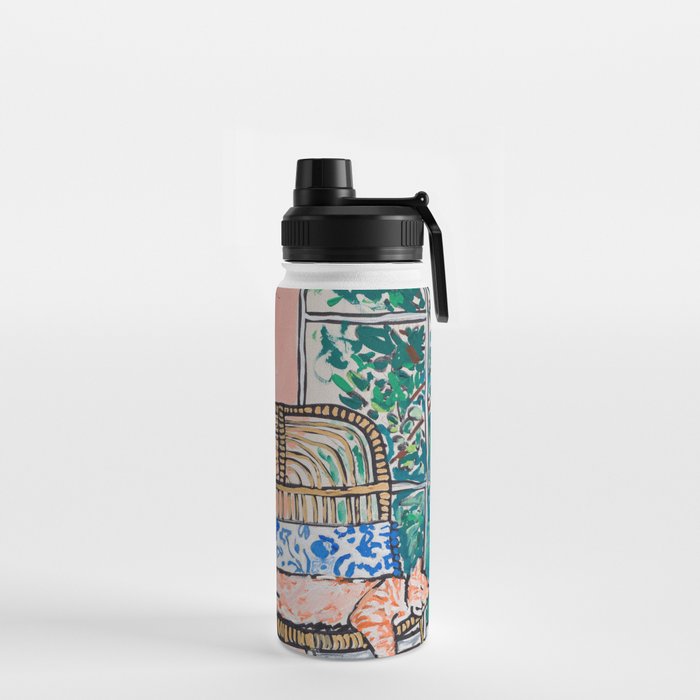 Napping Ginger Cat in Pink Jungle Garden Room Water Bottle