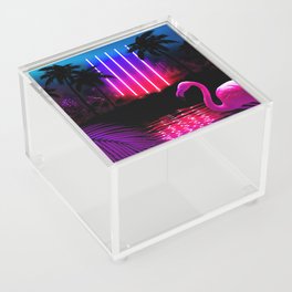 Neon landscape: Neon pillars, palms & flamingo [synthwave/vaporwave/cyberpunk] — aesthetic poster Acrylic Box