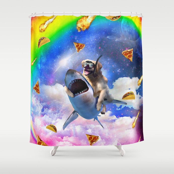 Space Golden Retriever Dog Riding Shark Rainbow Shower Curtain