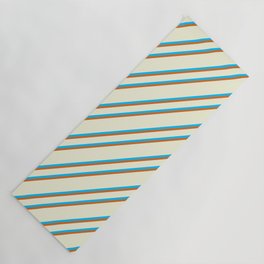 [ Thumbnail: Beige, Deep Sky Blue & Chocolate Colored Lines Pattern Yoga Mat ]