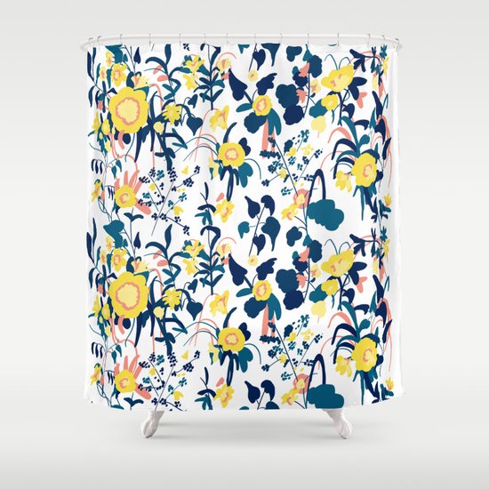 Ercup Yellow Salmon Pink And Navy, Yellow And Blue Shower Curtain