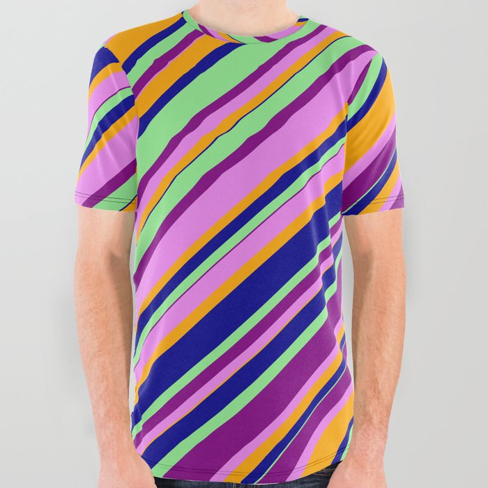 Colorful Light Green, Purple, Violet, Orange & Dark Blue Colored Lines/Stripes Pattern All Over Graphic Tee