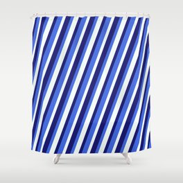 [ Thumbnail: Royal Blue, Mint Cream & Midnight Blue Colored Lines/Stripes Pattern Shower Curtain ]