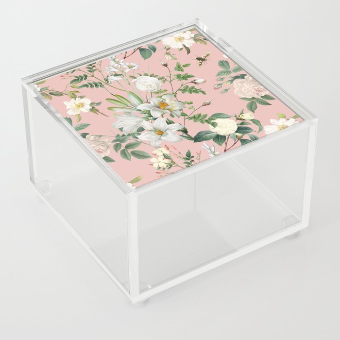 White Flowers Lush Floral Botanical Pattern & Pink Hibiscus Color  Acrylic Box