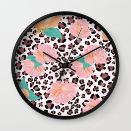 Leopard and watercolor roses pattern  Wall Clock