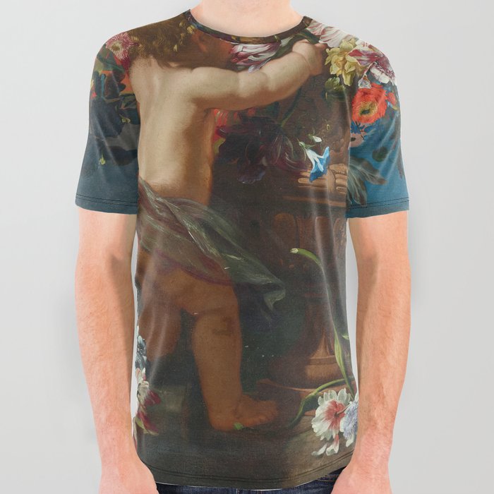 Abraham Brueghel - Vases of flowers with Cherubs All Over Graphic Tee