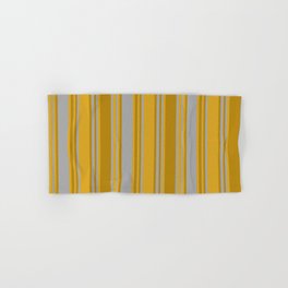 [ Thumbnail: Dark Gray, Dark Goldenrod, and Goldenrod Colored Pattern of Stripes Hand & Bath Towel ]