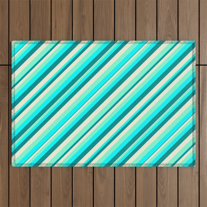 Aquamarine, Cyan, Dark Cyan, and Beige Colored Lined/Striped Pattern Outdoor Rug