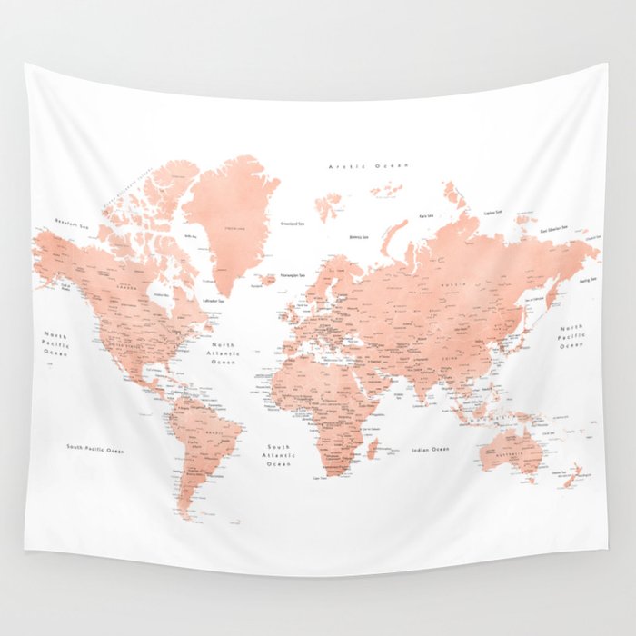 Rose gold world map with cities, 