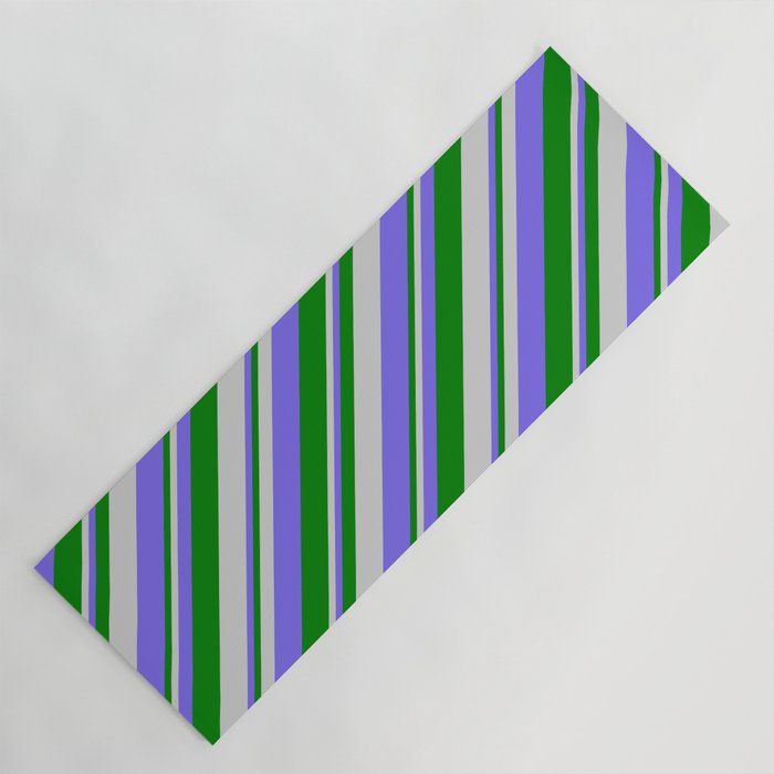 Light Gray, Medium Slate Blue & Green Colored Lines/Stripes Pattern Yoga Mat
