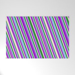 [ Thumbnail: Eye-catching Forest Green, Sky Blue, Orchid, Dark Violet, and Beige Colored Striped/Lined Pattern Welcome Mat ]