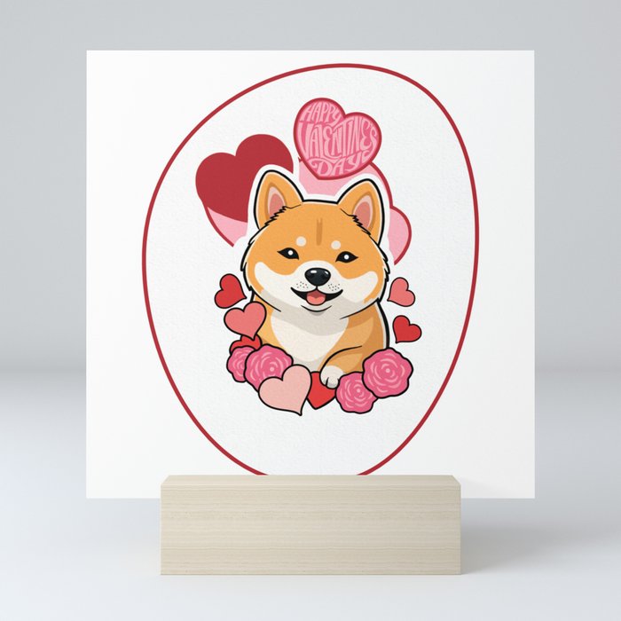 Cute Kawaii Shiba Inu Valentine with Hearts Mini Art Print