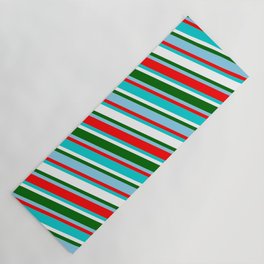 [ Thumbnail: Sky Blue, Red, Dark Turquoise, White, and Dark Green Colored Striped Pattern Yoga Mat ]