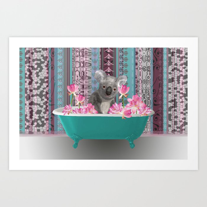 Bathtub with koala and lotus Flower Blossoms pink Art Print