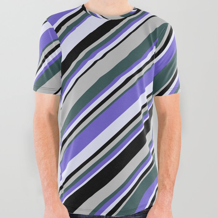 Eyecatching Grey, Dark Slate Gray, Slate Blue, Lavender, and Black Colored Lines/Stripes Pattern All Over Graphic Tee