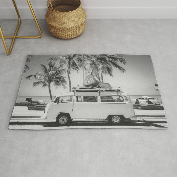 Lion at the beach atop 23 window Samba bus black and white photograph - photography - photographs Rug