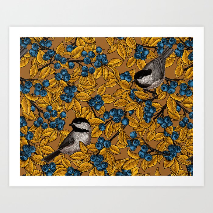 Chickadee birds on blueberry branches Art Print