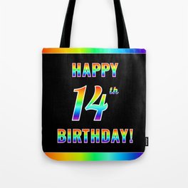 [ Thumbnail: Fun, Colorful, Rainbow Spectrum “HAPPY 14th BIRTHDAY!” Tote Bag ]