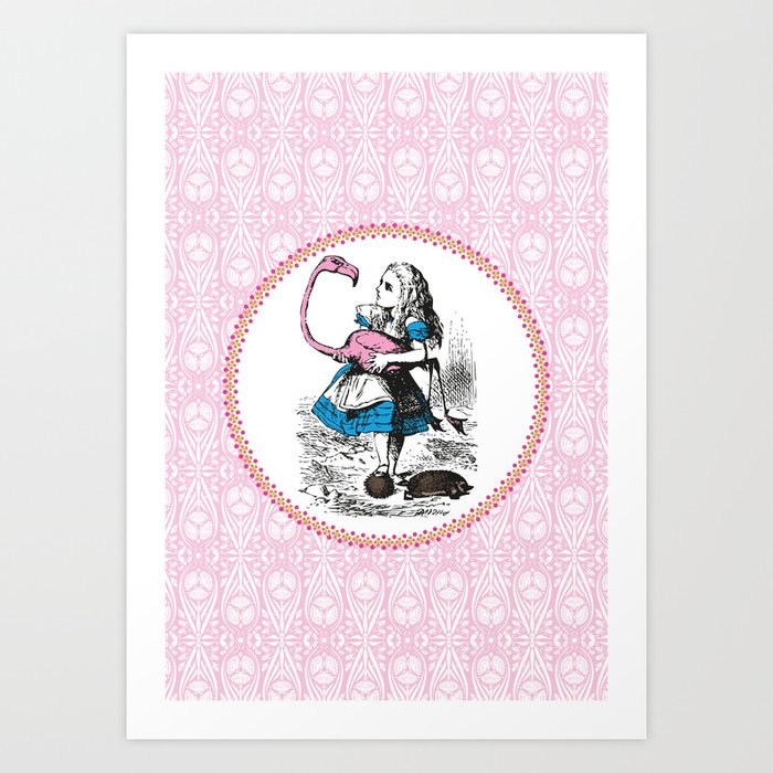 Alice in Wonderland | Alice Playing Croquet with a Flamingo and Hedgehogs | Pink Damask Pattern | Art Print