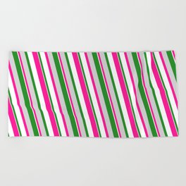 [ Thumbnail: Forest Green, Light Grey, Deep Pink & White Colored Pattern of Stripes Beach Towel ]