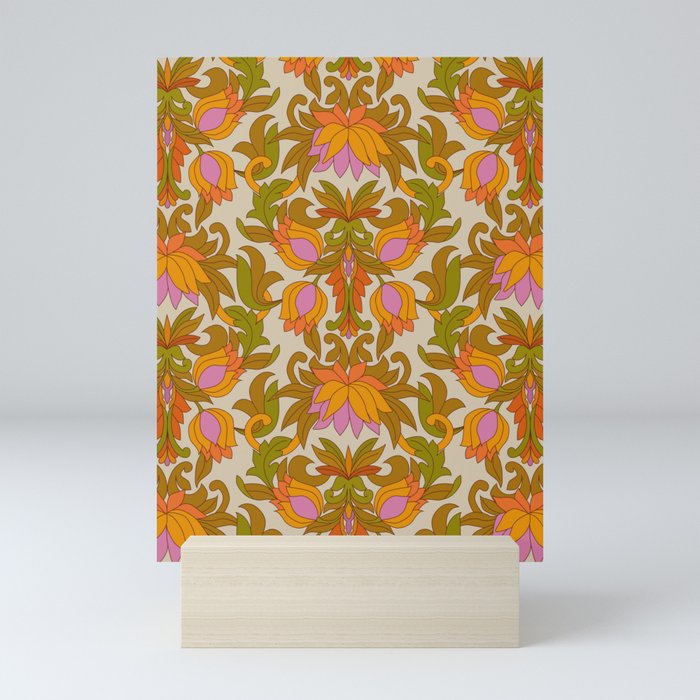 Orange, Pink Flowers and Green Leaves 1960s Retro Vintage Pattern Mini Art Print