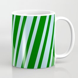 [ Thumbnail: Light Blue & Dark Green Colored Stripes Pattern Coffee Mug ]