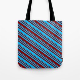 [ Thumbnail: Deep Sky Blue and Dark Red Colored Lined Pattern Tote Bag ]