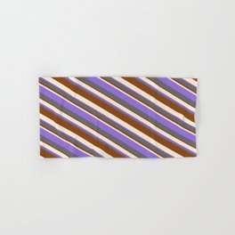 [ Thumbnail: Beige, Purple, Dim Grey, and Brown Colored Striped/Lined Pattern Hand & Bath Towel ]