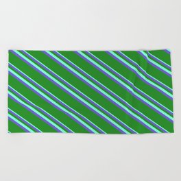 [ Thumbnail: Aquamarine, Slate Blue & Forest Green Colored Lines Pattern Beach Towel ]