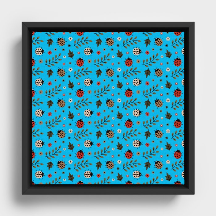 Ladybug and Floral Seamless Pattern on Turquoise Background Framed Canvas