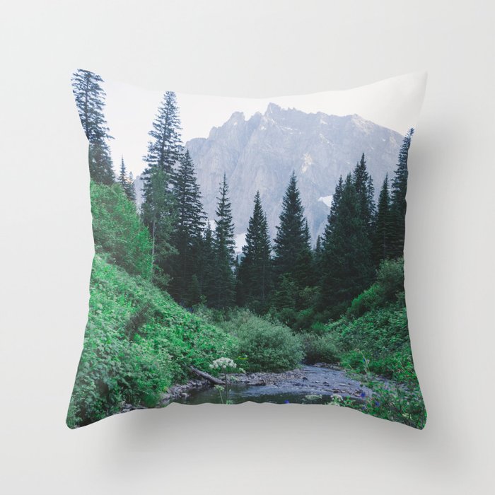 Mountain Through The Lush Forest Throw Pillow
