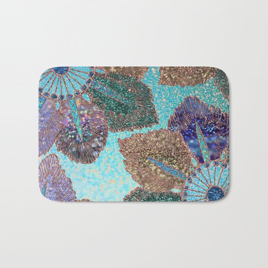 Aqua Green Brown and Blue Faux Glitter Flowers on #Society6 Bath Mat